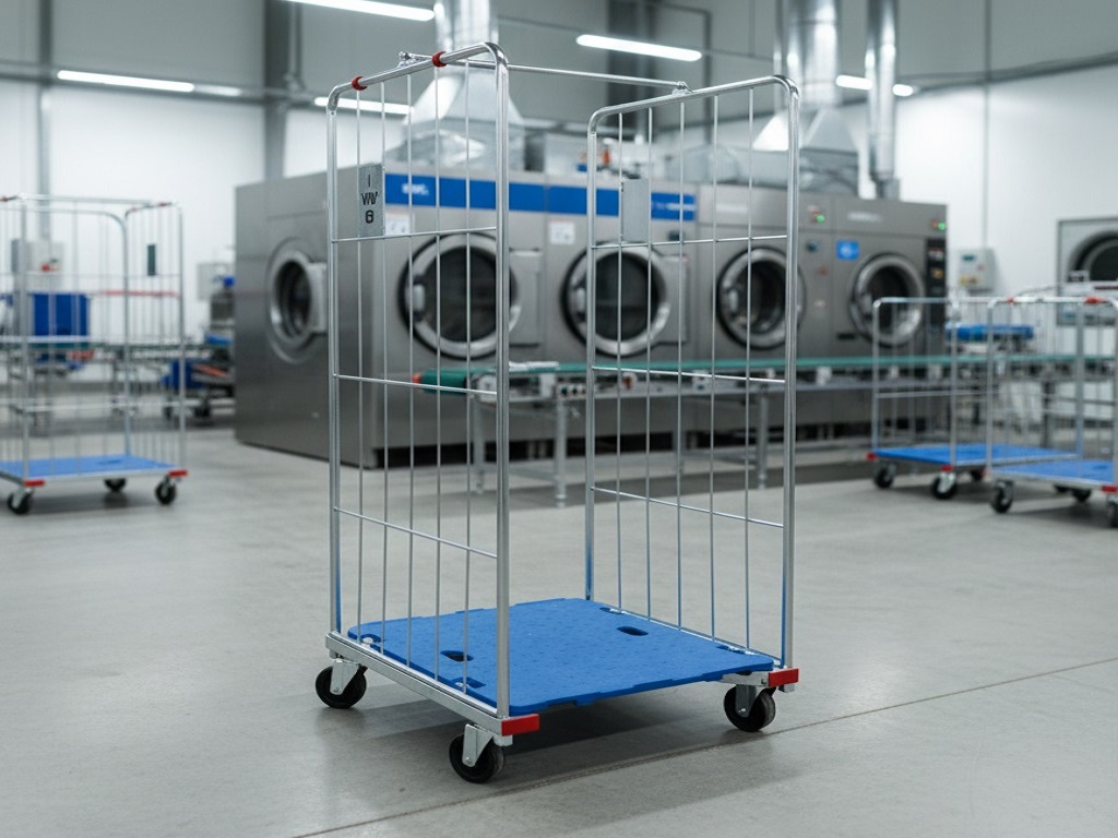 Carrinho aramado em lavanderia industrial