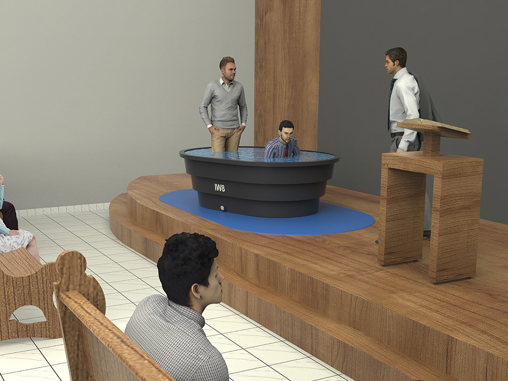 tanque batismal portátil iw8 em uso na igreja